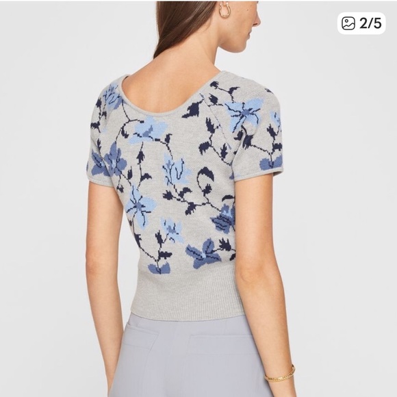 Club Monaco Floral  Wool Knit Short Sleeve Top Gray Blue Size L - Casual Spring - Picture 2 of 9